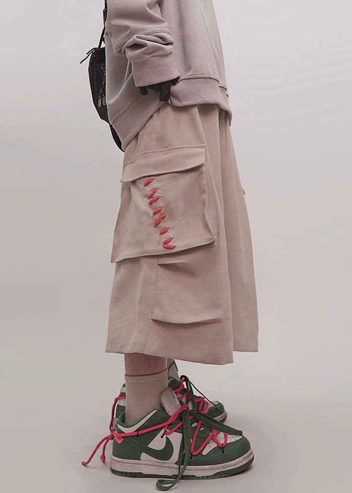 Khaki Pockets Elastic Waist Cotton Crop Pants Summer