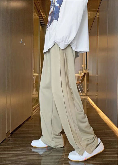 Khaki Pockets Elastic Waist Patchwork Cotton Pants Fall