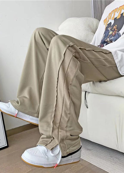 Khaki Pockets Elastic Waist Patchwork Cotton Pants Fall