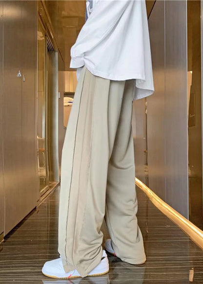Khaki Pockets Elastic Waist Patchwork Cotton Pants Fall