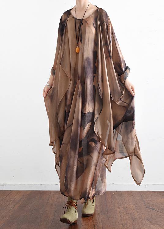 Khaki Print Asymmetrical Design Long Summer Chiffon Dress