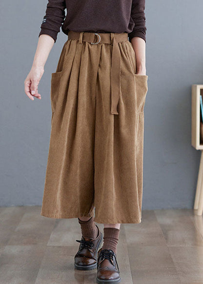 Khaki Sashes Corduroy Crop Wide Leg Pants