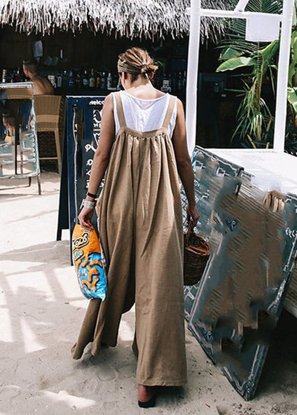 Khaki Spaghetti Strap Pockets Jumpsuit Pants Summer