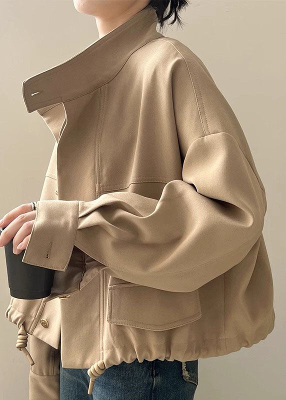 Khaki Stand Collar Patchwork Drawstring Coat Long Sleeve