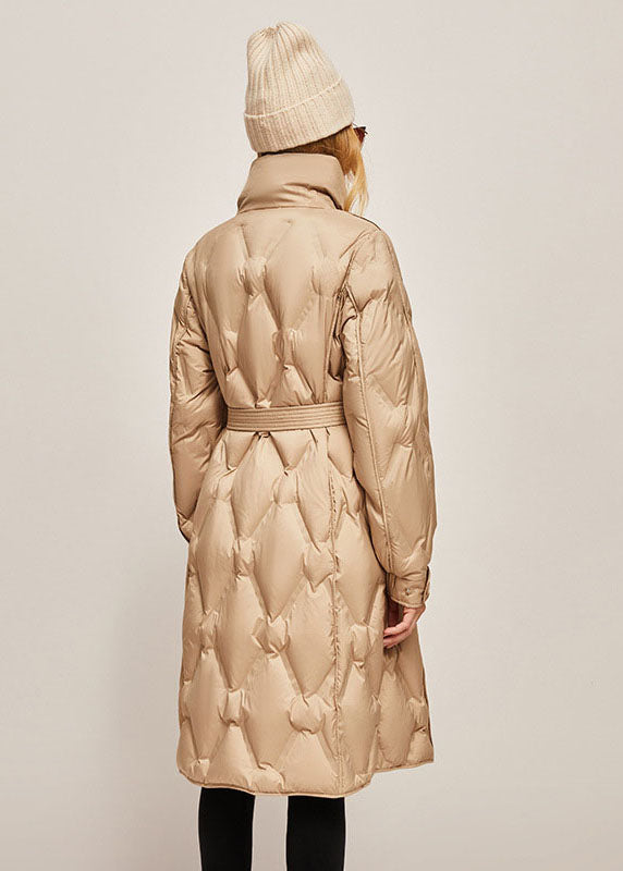 Khaki Stand Collar Zip Up Warm Duck Down Winter Cinch Coats