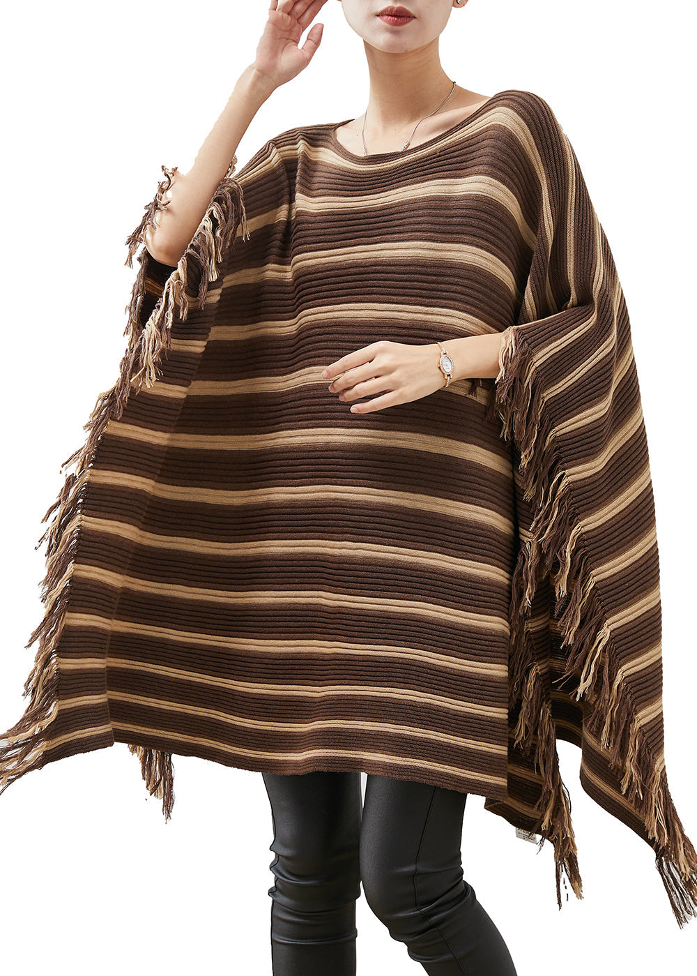 Khaki Striped Tasseled Knit Mini Dresses Spring