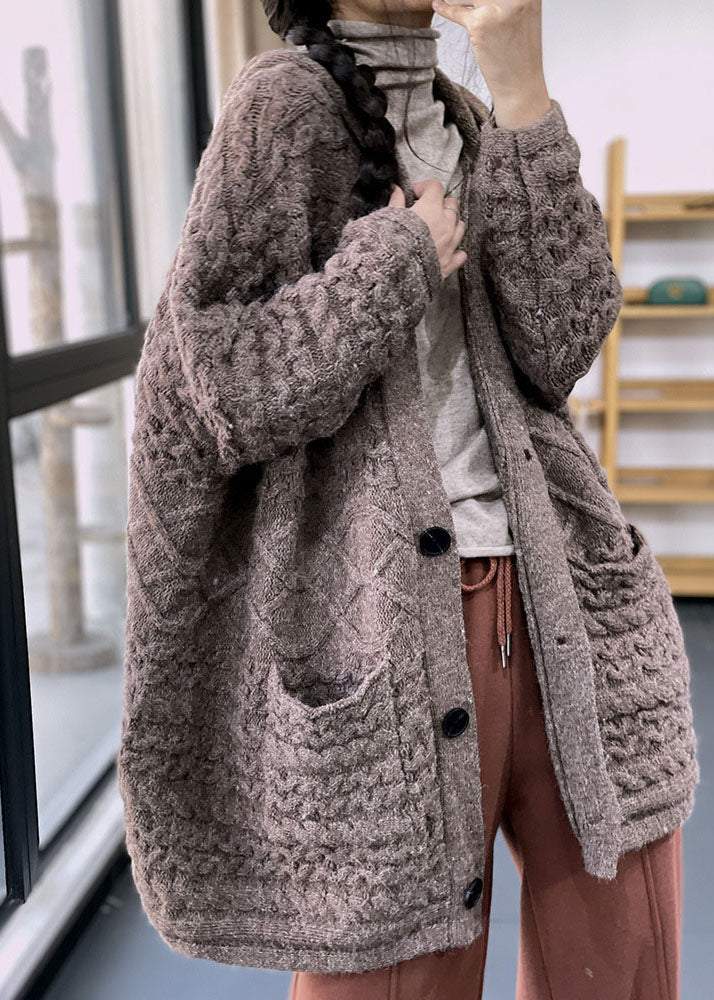 Khaki V Neck Cable Rabbit Hair Knit Loose Cardigans Winter
