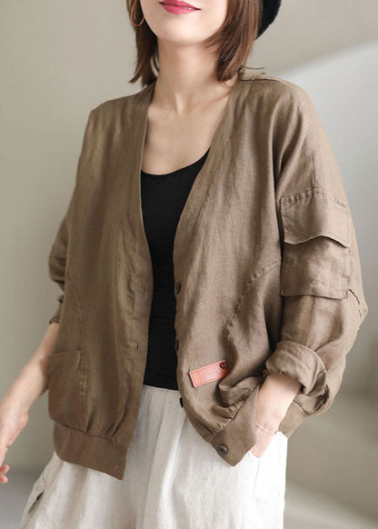 Khaki V Neck Loose Button Fall Long Sleeve Jacket