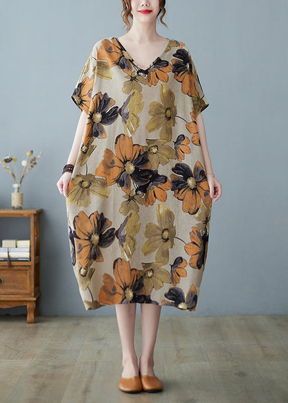 Khaki V Neck Print Long Dress Short Sleeve