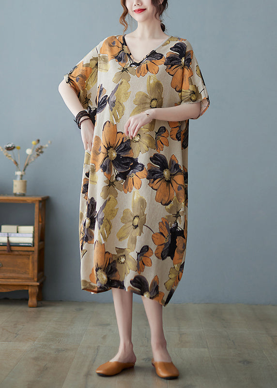Khaki Geometry V Neck Print Long Dress Short Sleeve