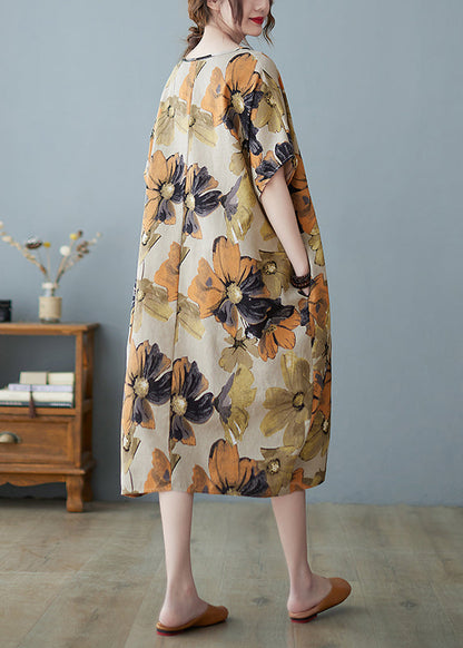 Khaki Geometry V Neck Print Long Dress Short Sleeve