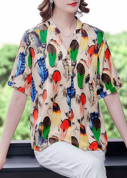 Khaki V Neck Print Silk Shirt Tops Short Sleeve