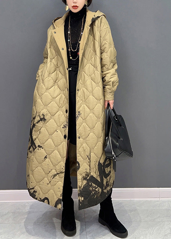 Khaki Warm Fleece Thick Button Long Hooded Parka Winter