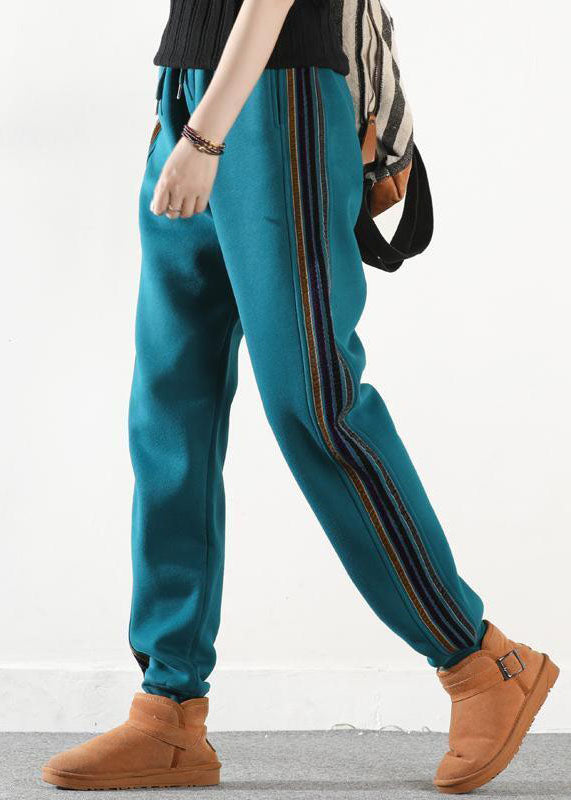Lake Blue Elastic Waist Pockets Warm Fleece Harem Pants Winter