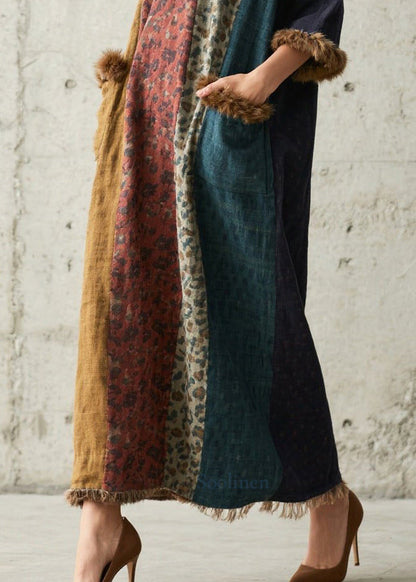 Leopard Print Patchwork Faux Fur Long Dresses Fall