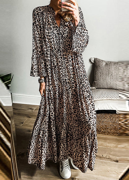 Leopard V Neck Patchwork Maxi Dress Fall