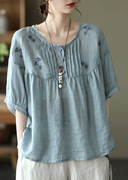 Blue Geometry Grey Button Linen Tops Half Sleeve