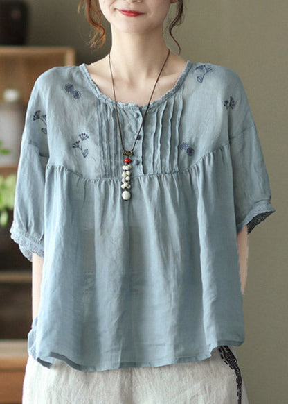 Light Blue Grey Button Linen Tops Half Sleeve