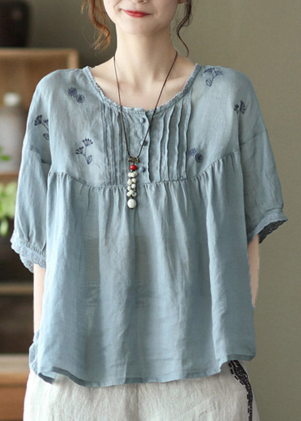 Purple Flowers Grey Button Linen Tops Half Sleeve