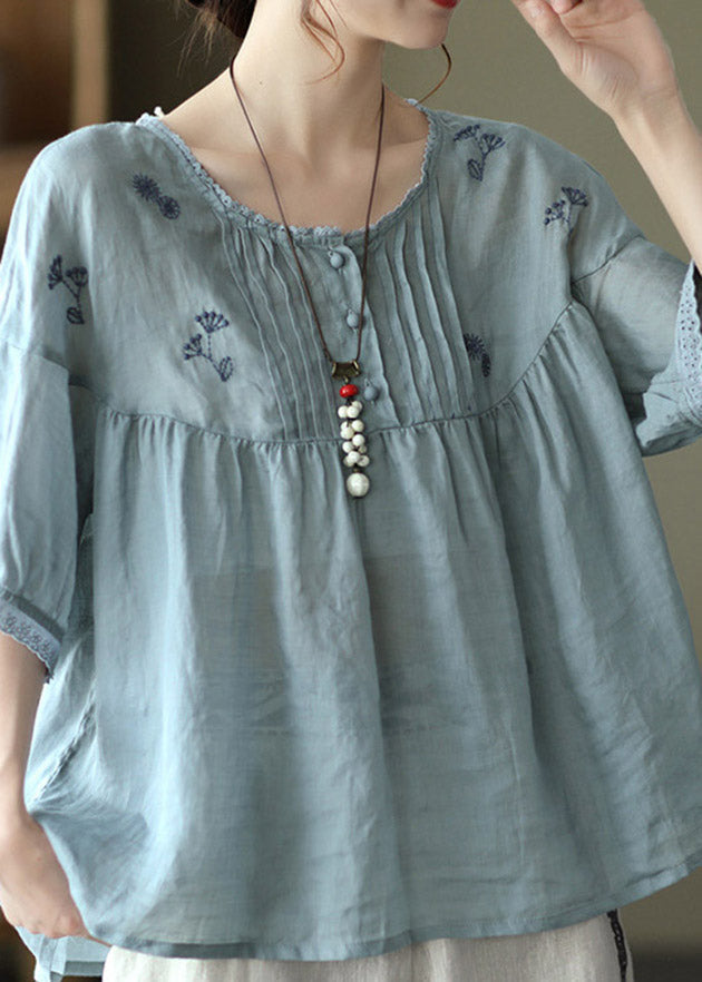 Purple Flowers Grey Button Linen Tops Half Sleeve