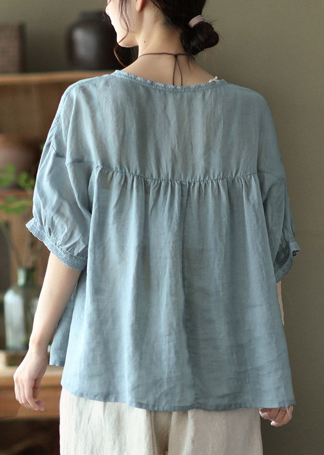 Blue Geometry Grey Button Linen Tops Half Sleeve