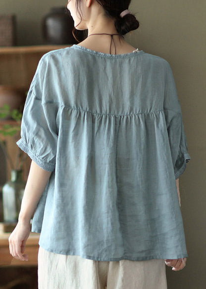 Purple Flowers Grey Button Linen Tops Half Sleeve