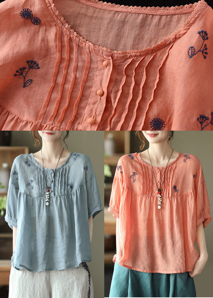 Khaki Feathers Grey Button Linen Tops Half Sleeve
