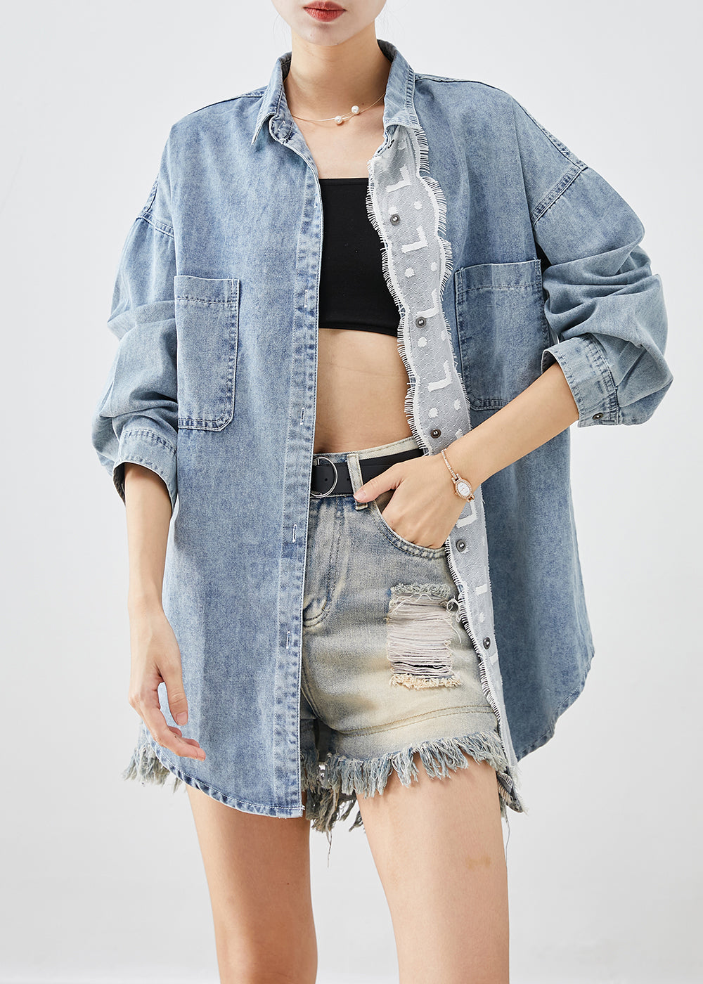 Light Blue Oversized Patchwork Denim Coats Fall