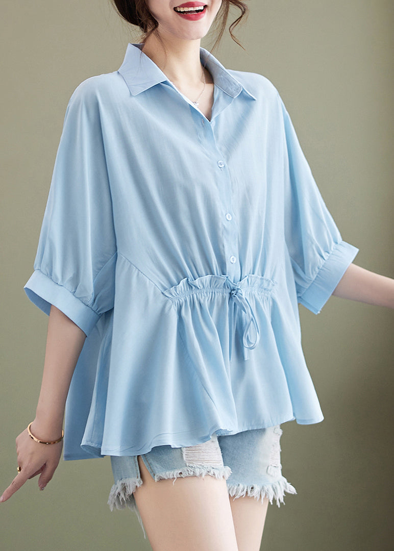 Light Blue Peter Pan Collar Cinched Cotton Top Summer