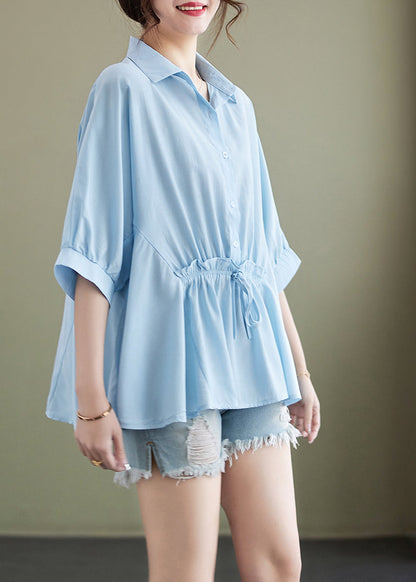 Light Blue Peter Pan Collar Cinched Cotton Top Summer
