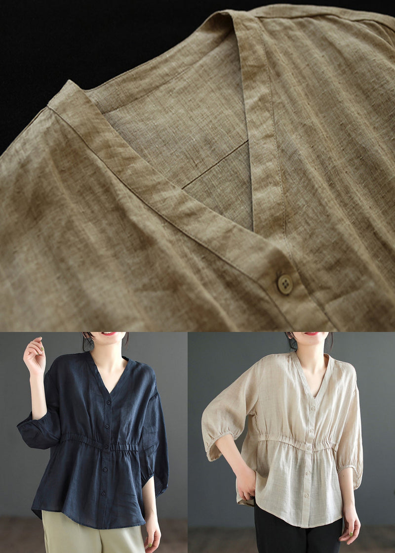 Light Camel V Neck Button Linen Blouses Summer