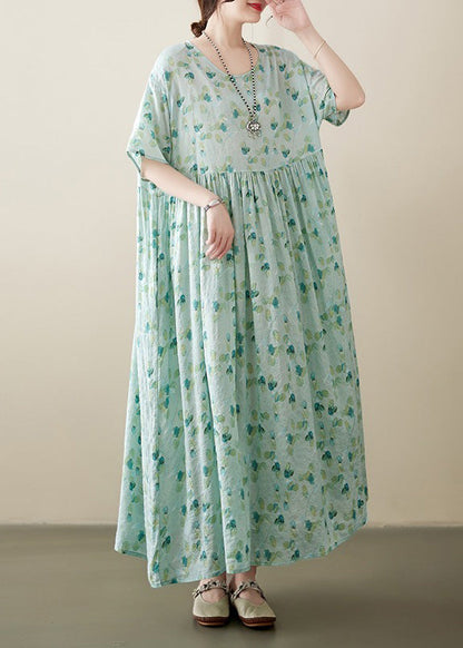 Light Green O-neck Patchwork Print Cotton Holiday Maxi Dress Short Sleeve