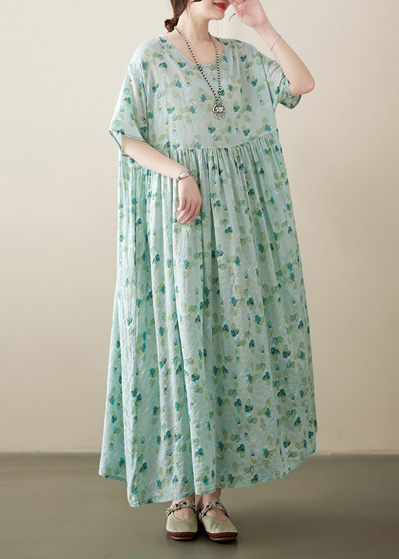 Light Green O-neck Patchwork Print Cotton Holiday Maxi Dress Short Sleeve