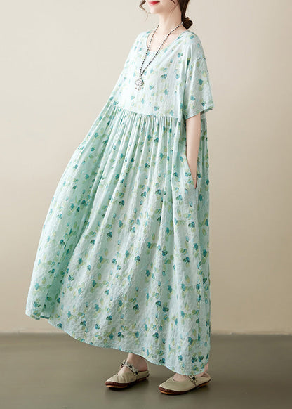 Light Green O-neck Patchwork Print Cotton Holiday Maxi Dress Short Sleeve