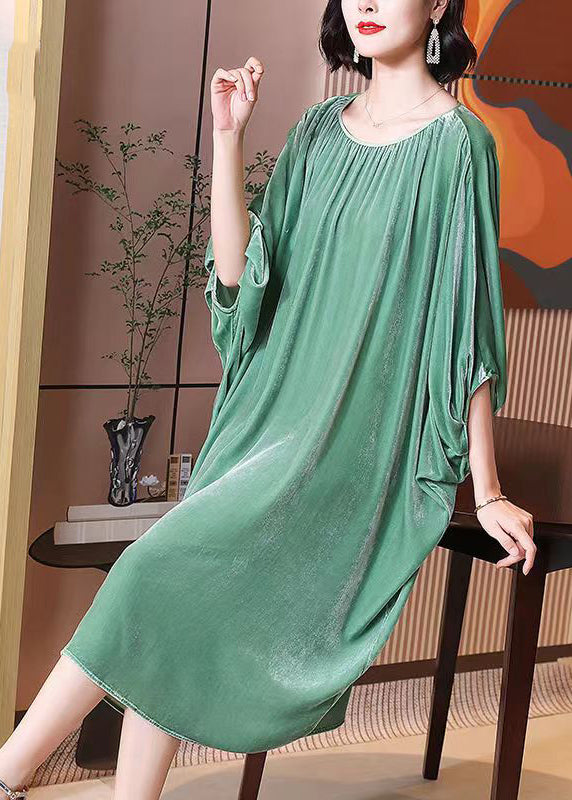 Light Green O Neck Patchwork Silk Velour Dresses Batwing Sleeve