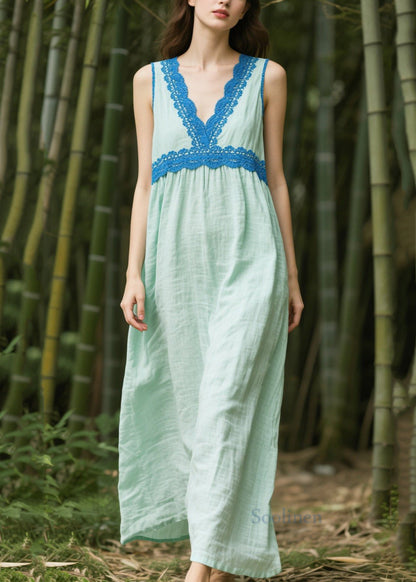 Light Green Oversized Patchwork Cotton Dress Sleeveless