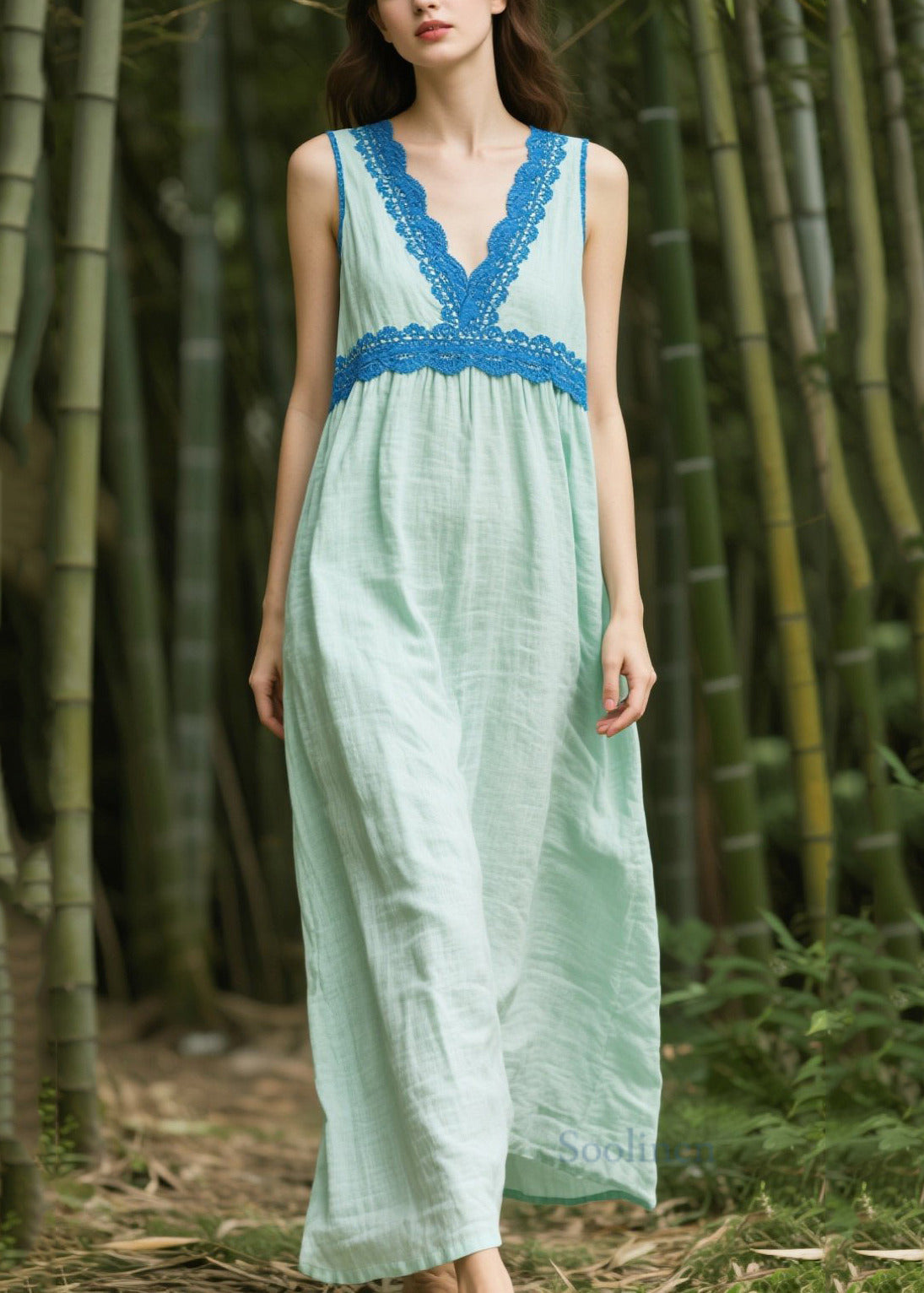 Light Green Oversized Patchwork Cotton Dress Sleeveless