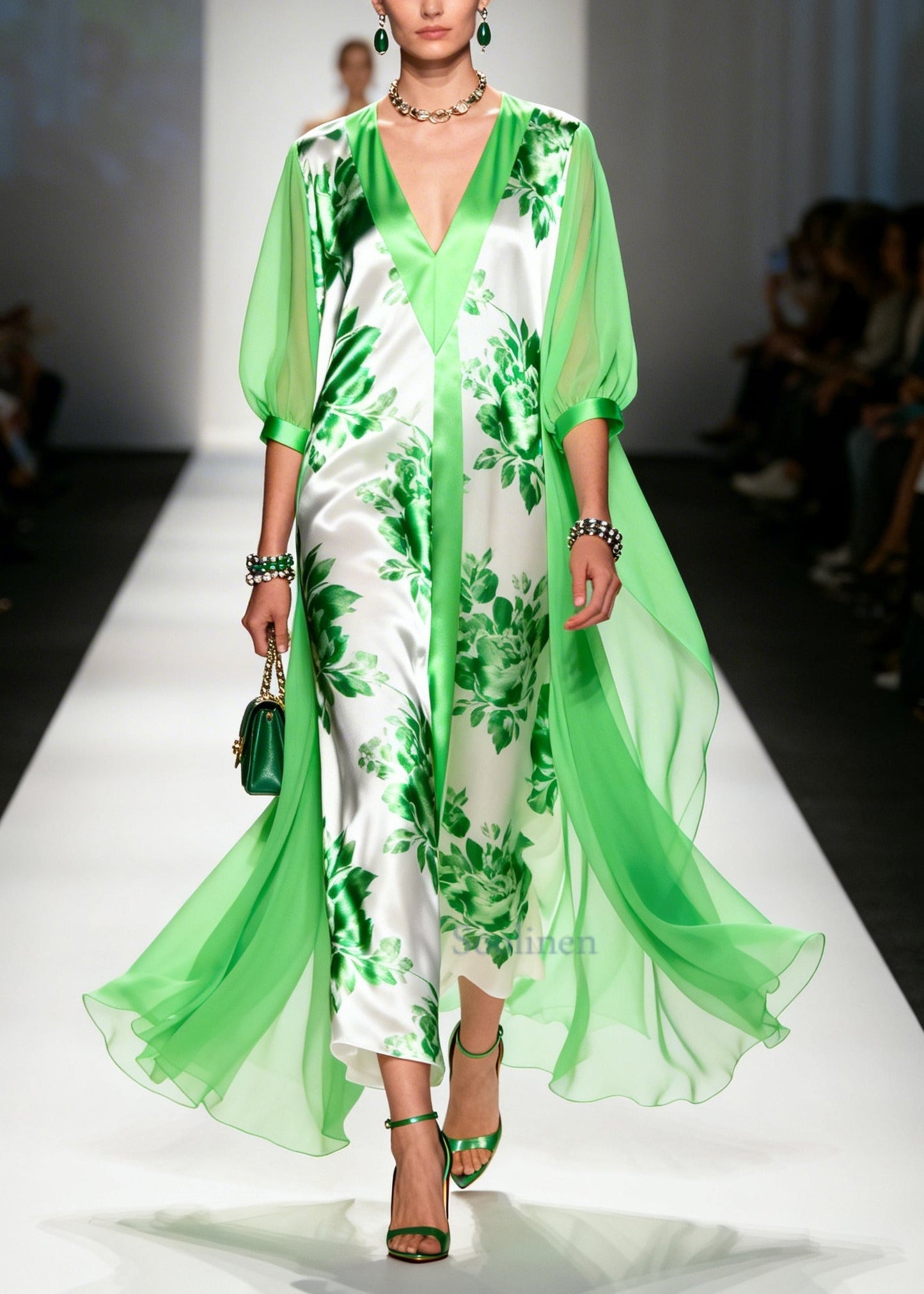 Light Green V Neck Print Chiffon Ankle Dress Summer