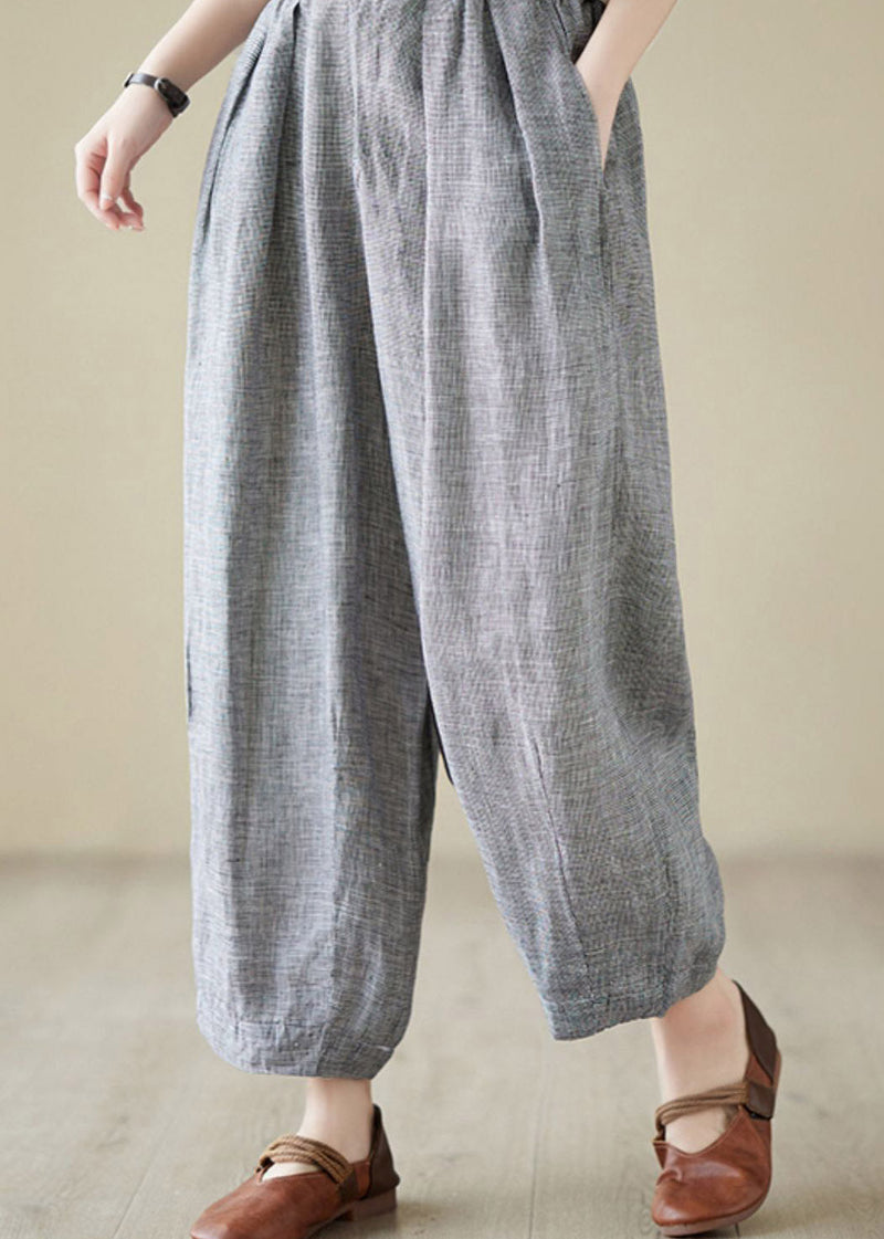 Light Grey Elastic Waist Linen Lantern Pants Summer