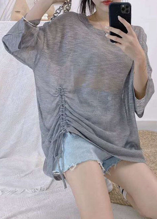 Light Grey O Neck Lace Up Ice Silk Knit T Shirt Summer