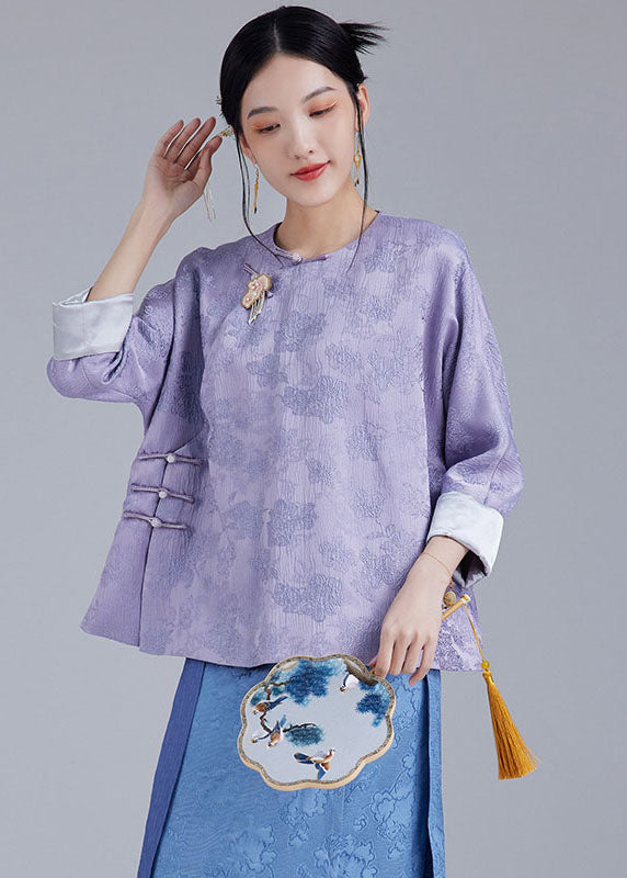Light Purple Embroidered Side Open Silk Top Fall
