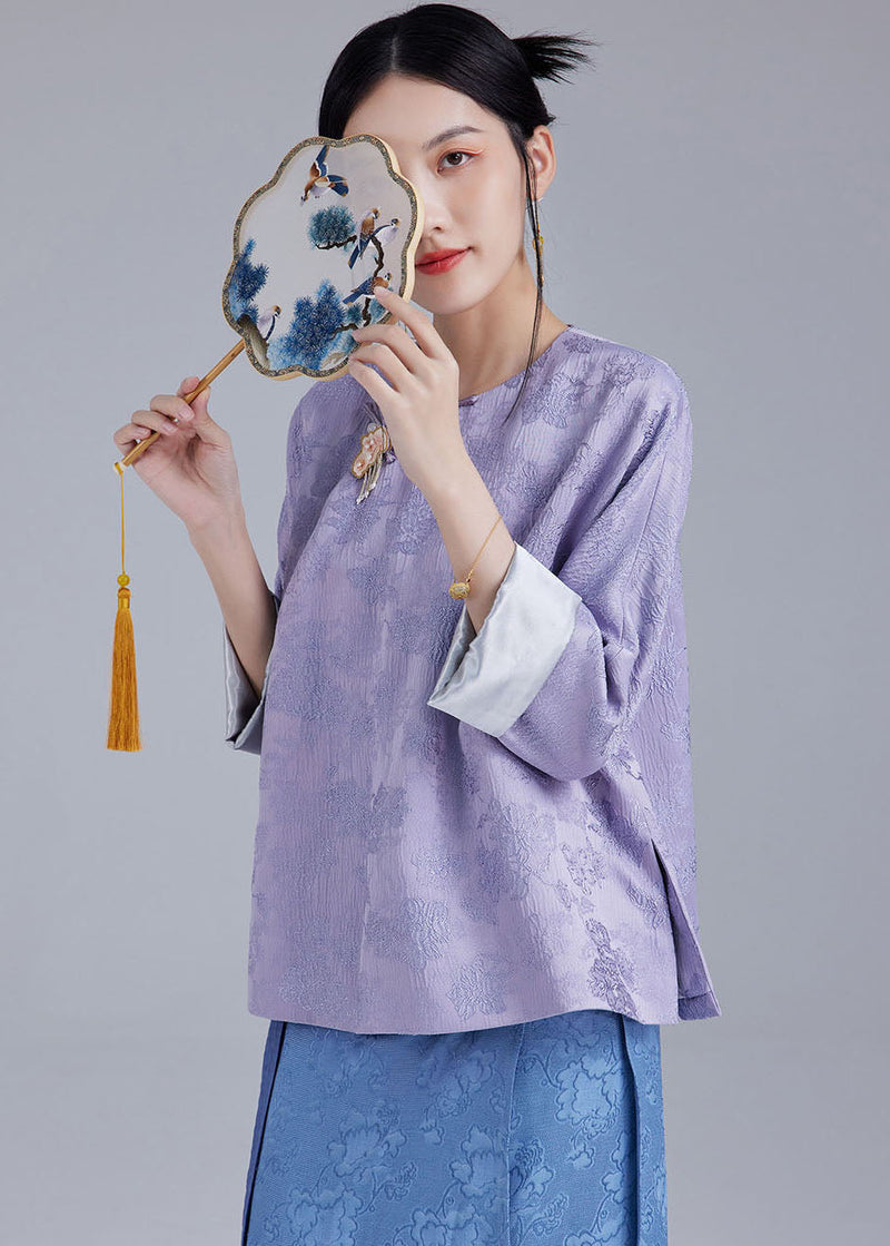 Light Purple Embroidered Side Open Silk Top Fall