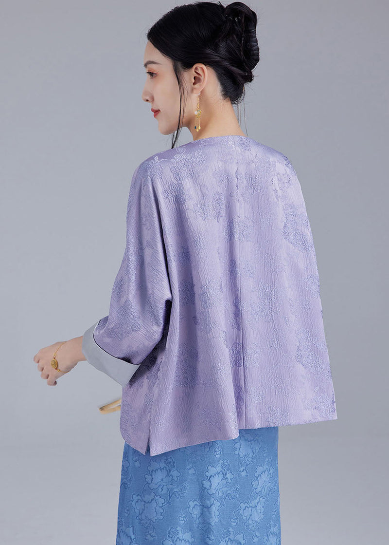 Light Purple Embroidered Side Open Silk Top Fall