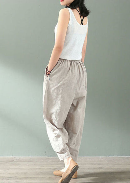 Linen Colour Elastic Waist Pockets Linen Crop Pants Summer