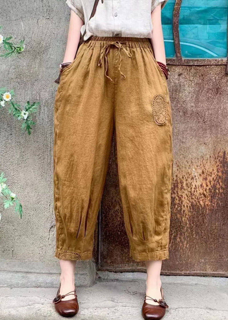 Linen Lace Up Elastic Waist Linen Crop Pants Summer