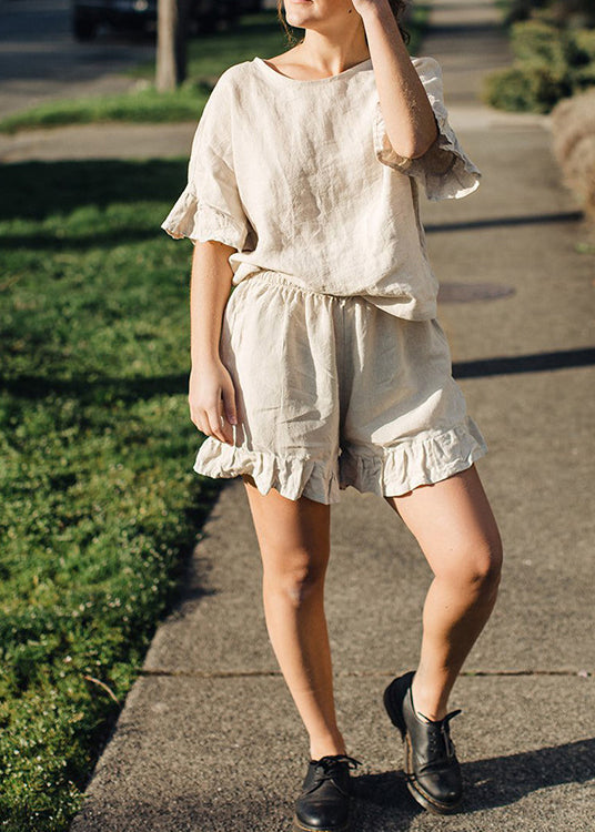 Linen Ruffled Tops and Shorts Two Pieces Set Summer