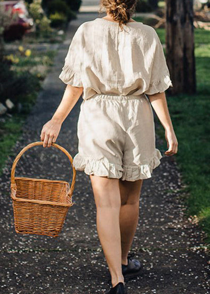 Linen Ruffled Tops and Shorts Two Pieces Set Summer