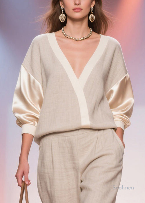 Linen V Neck Pockets Silk Patchwork Tops and Crop Pants Two Piece Set Spring
