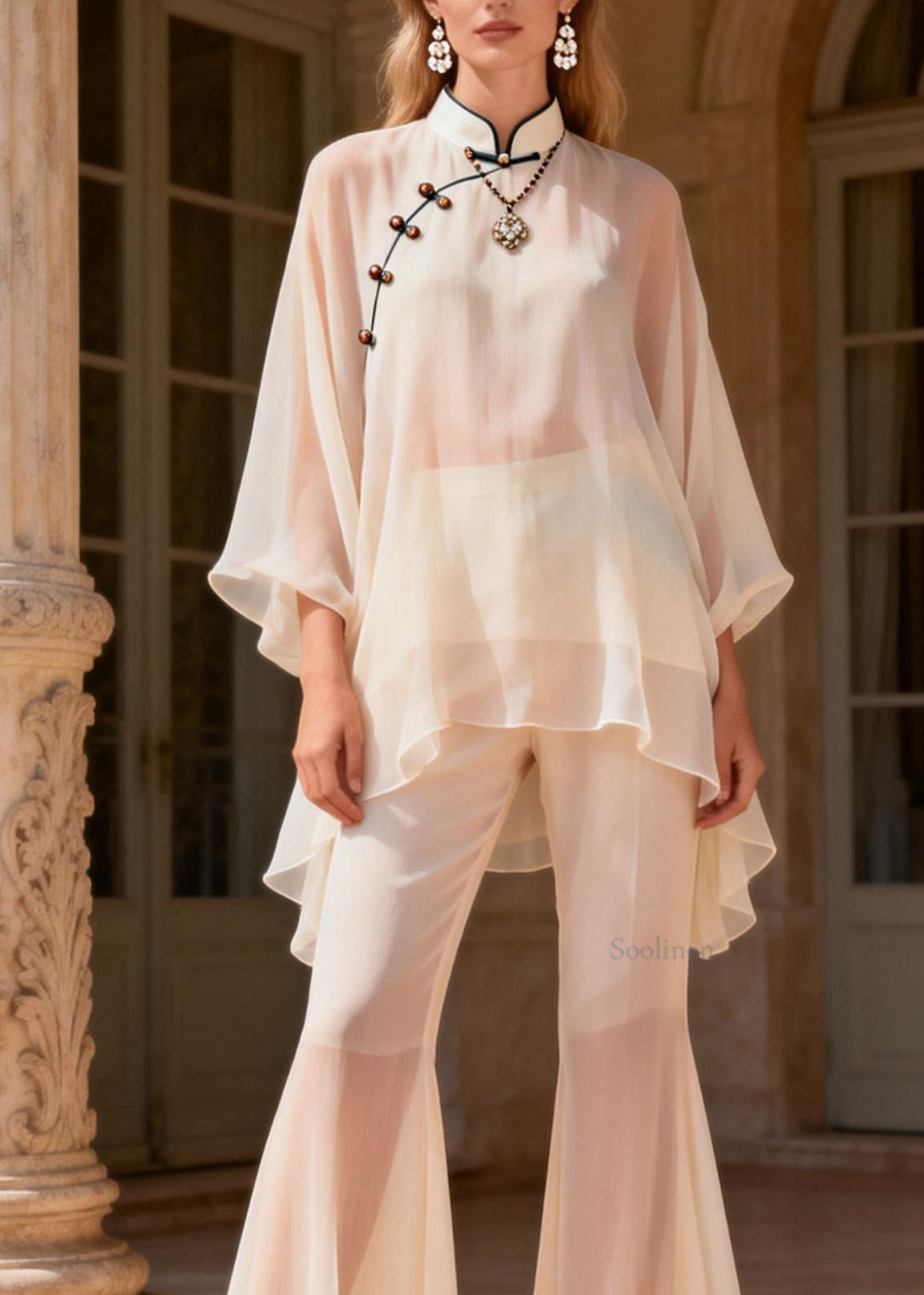 Mandarin Collar Top and Pants Silk Two Piece Set Summer