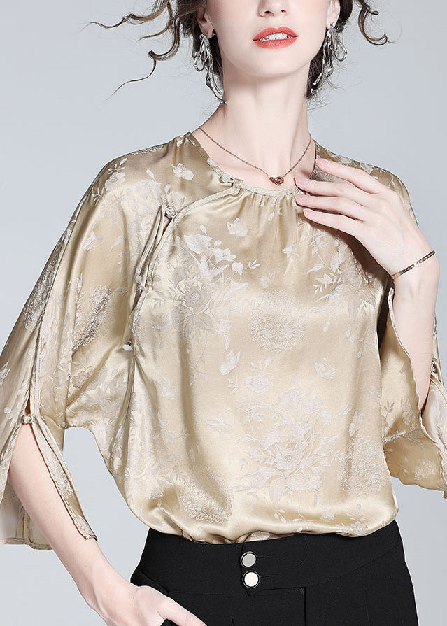 Milk Tea Colour O-neck Button Silk Top Spring